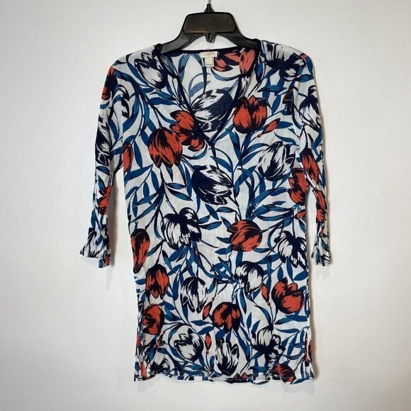 J.CREW Tissue Tunic Blouse Womens Small Multicolor Floral 3/4 Sleeve V-neck - Picture 1 of 6